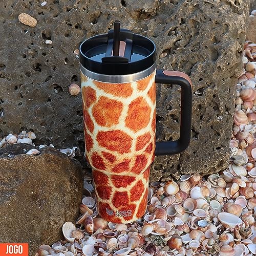 Simply Modern 40 oz Tumbler with Simple Handle and Straw Giraffe / Rambler Insulated Cup / Iced Coffee Stainless Steel Travel Mug / 40oz Animal Print Water Bottle Gifts for Men Women Kids / 5 pcs Set