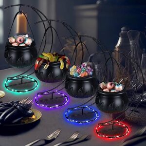 dandat 4 sets halloween light up witches cauldron candy bucket witches cauldron serving bowls on rack black plastic candy bucket cauldron with string lights for indoor outdoor home kitchen decoration