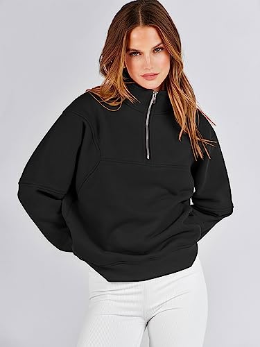 Caracilia Women Oversized Sweatshirt Quarter Zipper Fleece Pullover Hoodies Half Zip Y2K Clothes Collar Sweater Long Sleeve Trendy Fall Top Cute Gym Clothes for Women C113A7-heise-M Black