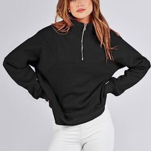 Caracilia Women Oversized Sweatshirt Quarter Zipper Fleece Pullover Hoodies Half Zip Y2K Clothes Collar Sweater Long Sleeve Trendy Fall Top Cute Gym Clothes for Women C113A7-heise-M Black