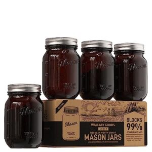 wallaby 16oz regular mouth amber mason uv-blocking jars with lid & seal bands - airtight glass container for canning, pickling, food storage, candles, overnight oats, fruit, jam, jelly or diy (4-pack)