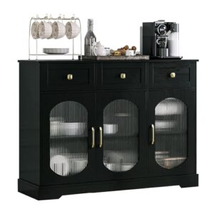 hifit black sideboard buffet cabinet with storage 47.2"w kitchen storage cabinet with 3 glass doors and 3 drawers, coffee bar cabinet for kitchen, dinning room, living room, 47.2"w x 15.6"d x 35.3"h