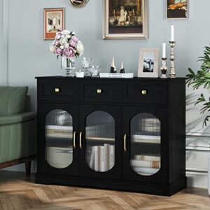 HIFIT Black Sideboard Buffet Cabinet with Storage 47.2"W Kitchen Storage Cabinet with 3 Glass Doors and 3 Drawers, Coffee Bar Cabinet for Kitchen, Dinning Room, Living Room, 47.2"W x 15.6"D x 35.3"H