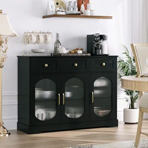 HIFIT Black Sideboard Buffet Cabinet with Storage 47.2"W Kitchen Storage Cabinet with 3 Glass Doors and 3 Drawers, Coffee Bar Cabinet for Kitchen, Dinning Room, Living Room, 47.2"W x 15.6"D x 35.3"H