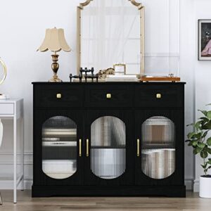 HIFIT Black Sideboard Buffet Cabinet with Storage 47.2"W Kitchen Storage Cabinet with 3 Glass Doors and 3 Drawers, Coffee Bar Cabinet for Kitchen, Dinning Room, Living Room, 47.2"W x 15.6"D x 35.3"H