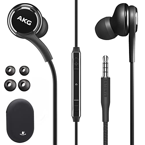 Original Samsung AKG Earbuds 3.5mm in-Ear Earbud Headphones with Remote & Mic for Galaxy A71, A31, Galaxy S10, S10e, Note 10, Note 10+, S10 Plus, S9 - Includes Rubber Pouch - (AKG + Black Pouch)