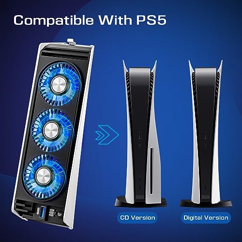 Cooling Fan for PS5 Accessories ,with 3 Blue LED Light/ 2 USB 3.0 Ports / 2 Fan Speed ,Compatible with PlayStation 5 Console Digital / CD Version, High Efficiency PS5 Cooler ( Black )