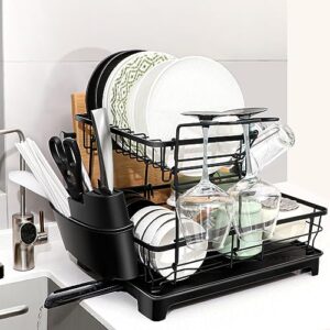 kesaplan dish drying rack with drainboard, 2-tier saving dish racks for kitchen counter, stainless steel large dish strainer for sink with utensil holder,wine glass,cup holder,cutting-board holder