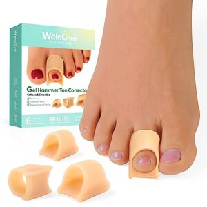 welnove hammertoe corrector - 6 pack toe splints - soft gel toe straighteners - realign bent, curled, crooked, claw, hammer toes - toe corrector for men and women, 3 different sizes (beige)