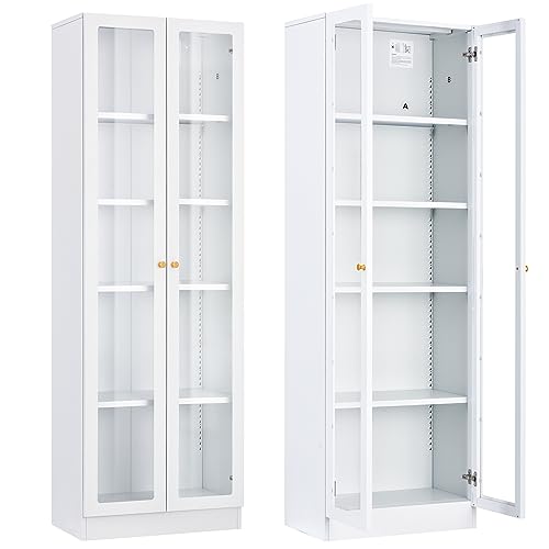 IRONMIX Enclosed Bookshelf with Acrylic Door and Adjustable Shelves, 70 Inch Tall Storage Cabinet 5 Tier, Dust Proof Display Shelf for Home, Office - White