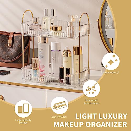 YCIA&DONE Bathroom Organizer Countertop 2 Tiers, Makeup Organizer Counter Storage, Skincare Cosmetics Shelf, Perfume Holder for Vanity Tray, Kitchen Organizers and Storage(Clear White)