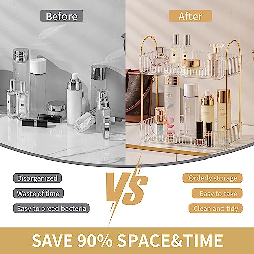 YCIA&DONE Bathroom Organizer Countertop 2 Tiers, Makeup Organizer Counter Storage, Skincare Cosmetics Shelf, Perfume Holder for Vanity Tray, Kitchen Organizers and Storage(Clear White)