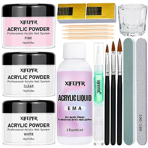 XIFEPFR Acrylic Nail Kit - Clear White Pink Acrylic Powder and Acrylic Liquid Set with Acrylic Nail Brush Nail Forms Glass Cup Beginner Acrylic Nail Kit for Nail Extension Carving Salon Home DIY