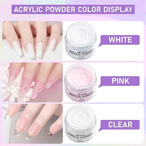 XIFEPFR Acrylic Nail Kit - Clear White Pink Acrylic Powder and Acrylic Liquid Set with Acrylic Nail Brush Nail Forms Glass Cup Beginner Acrylic Nail Kit for Nail Extension Carving Salon Home DIY