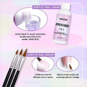 XIFEPFR Acrylic Nail Kit - Clear White Pink Acrylic Powder and Acrylic Liquid Set with Acrylic Nail Brush Nail Forms Glass Cup Beginner Acrylic Nail Kit for Nail Extension Carving Salon Home DIY