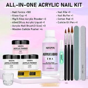 XIFEPFR Acrylic Nail Kit - Clear White Pink Acrylic Powder and Acrylic Liquid Set with Acrylic Nail Brush Nail Forms Glass Cup Beginner Acrylic Nail Kit for Nail Extension Carving Salon Home DIY