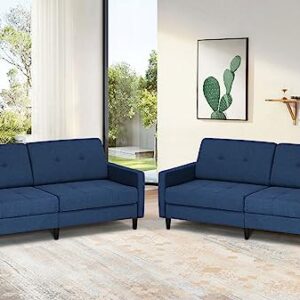 Lesofair 77” Linen Fabric Sofa Bed with Adjustable Backrests, Convertible Loveseat Sofa, Modern Sleeper Couch with Wooden Legs for Living Room, Bedroom, Blue