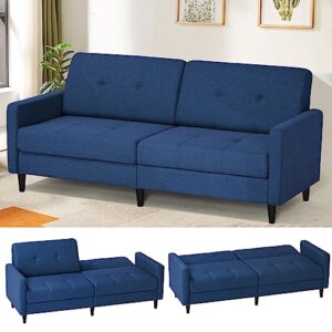 lesofair 77” linen fabric sofa bed with adjustable backrests, convertible loveseat sofa, modern sleeper couch with wooden legs for living room, bedroom, blue