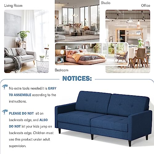 Lesofair 77” Linen Fabric Sofa Bed with Adjustable Backrests, Convertible Loveseat Sofa, Modern Sleeper Couch with Wooden Legs for Living Room, Bedroom, Blue