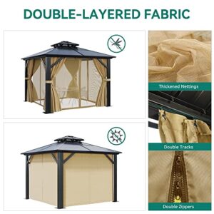 YITAHOME 12x12FT Gazebo Hard-Top Double Roof Canopy Outdoor with Netting and Shaded Curtains, Aluminum Frame Polycarbonate Hardtop Garden Tent for Patio, Backyard, Deck and Lawns, Brown
