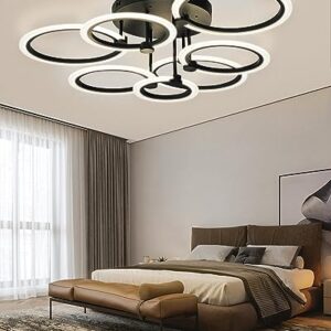SEABLE Modern LED Ceiling Light 7 Rings Dimmable Ceiling Light Fixtures with Remote Black Close to Ceiling Light 31.8" 130W 3000K-6500K Flush Mount Ceiling Lamp for Living Room,Bedroom,Kitchen