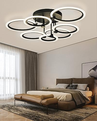 SEABLE Modern LED Ceiling Light 7 Rings Dimmable Ceiling Light Fixtures with Remote Black Close to Ceiling Light 31.8" 130W 3000K-6500K Flush Mount Ceiling Lamp for Living Room,Bedroom,Kitchen