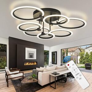 seable modern led ceiling light 7 rings dimmable ceiling light fixtures with remote black close to ceiling light 31.8" 130w 3000k-6500k flush mount ceiling lamp for living room,bedroom,kitchen