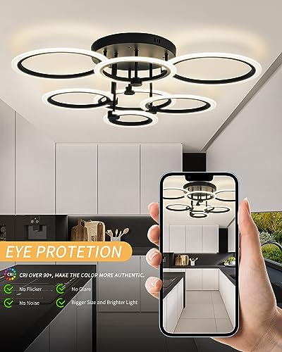 SEABLE Modern LED Ceiling Light 7 Rings Dimmable Ceiling Light Fixtures with Remote Black Close to Ceiling Light 31.8" 130W 3000K-6500K Flush Mount Ceiling Lamp for Living Room,Bedroom,Kitchen