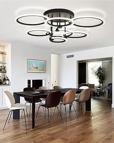 SEABLE Modern LED Ceiling Light 7 Rings Dimmable Ceiling Light Fixtures with Remote Black Close to Ceiling Light 31.8" 130W 3000K-6500K Flush Mount Ceiling Lamp for Living Room,Bedroom,Kitchen