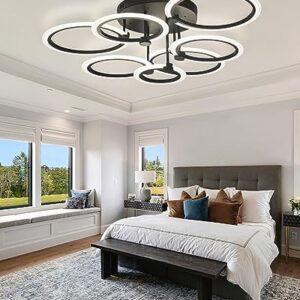 SEABLE Modern LED Ceiling Light 7 Rings Dimmable Ceiling Light Fixtures with Remote Black Close to Ceiling Light 31.8" 130W 3000K-6500K Flush Mount Ceiling Lamp for Living Room,Bedroom,Kitchen