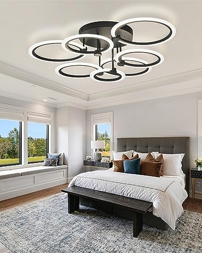 SEABLE Modern LED Ceiling Light 7 Rings Dimmable Ceiling Light Fixtures with Remote Black Close to Ceiling Light 31.8" 130W 3000K-6500K Flush Mount Ceiling Lamp for Living Room,Bedroom,Kitchen