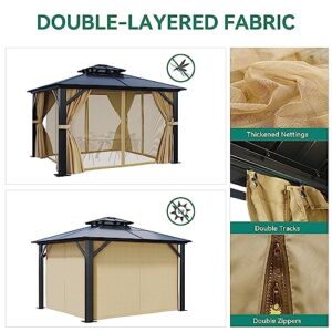 YITAHOME 12x14FT Gazebo Hard-Top Double Roof Canopy Outdoor with Netting and Shaded Curtains, Aluminum Frame Polycarbonate Hardtop Garden Tent for Patio, Backyard, Deck and Lawns, Brown