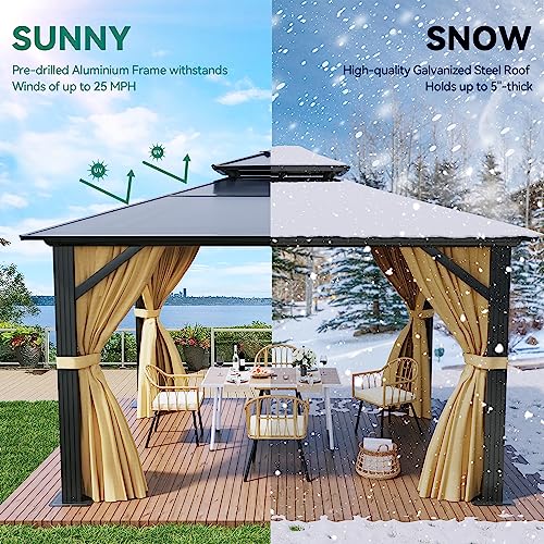 YITAHOME 12x14FT Gazebo Hard-Top Double Roof Canopy Outdoor with Netting and Shaded Curtains, Aluminum Frame Polycarbonate Hardtop Garden Tent for Patio, Backyard, Deck and Lawns, Brown