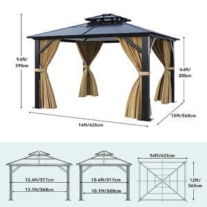 YITAHOME 12x14FT Gazebo Hard-Top Double Roof Canopy Outdoor with Netting and Shaded Curtains, Aluminum Frame Polycarbonate Hardtop Garden Tent for Patio, Backyard, Deck and Lawns, Brown