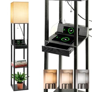 dott arts 【upgraded】 floor lamp with shelves,shelf floor lamps for living room with wireless charger
