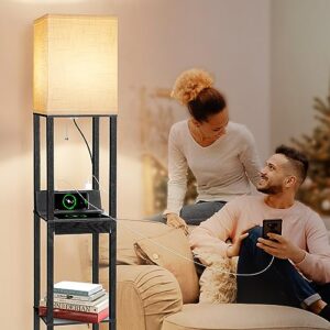 Dott Arts 【Upgraded】 Floor Lamp with Shelves,Shelf Floor Lamps for Living Room with Wireless Charger