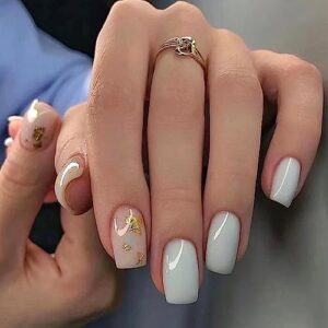 Diduikalor 24Pcs White Press on Nails Short Fake Nails Square False Nails with Glitter Designs Glue on Nails For Nail Decorations With Jelly Glue Stick On Nails Acrylic Nails For Women Girls