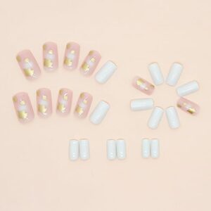 Diduikalor 24Pcs White Press on Nails Short Fake Nails Square False Nails with Glitter Designs Glue on Nails For Nail Decorations With Jelly Glue Stick On Nails Acrylic Nails For Women Girls