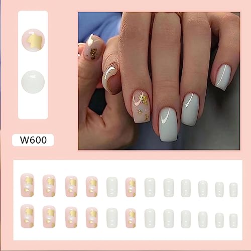 Diduikalor 24Pcs White Press on Nails Short Fake Nails Square False Nails with Glitter Designs Glue on Nails For Nail Decorations With Jelly Glue Stick On Nails Acrylic Nails For Women Girls