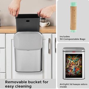 Nunsino Hanging Kitchen Compost Bin 8 Liter / 2.1 Gallon Includes 30 Compostable Bags, Trash Can with Removable Inner Bucket, Stainless Steel, Airtight Lid, Silver