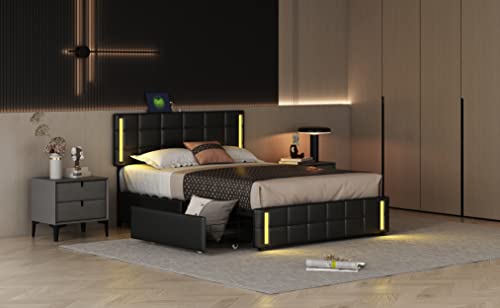 Anwickhomk Queen Size Upholstered Platform Bed Luxurious Bed Frame with LED Light 4 Drawers and 2 USB Charging Ports Adjustable Leather Headboard Storage Furniture for Kids Teen Adult Bedroom (Black)