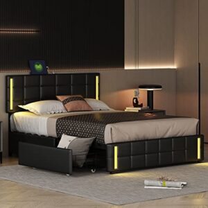 Anwickhomk Queen Size Upholstered Platform Bed Luxurious Bed Frame with LED Light 4 Drawers and 2 USB Charging Ports Adjustable Leather Headboard Storage Furniture for Kids Teen Adult Bedroom (Black)