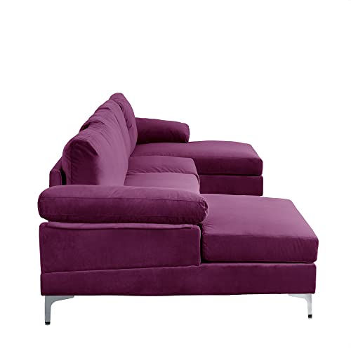 Divano Roma Furniture Modern Large Velvet Fabric U-Shape Sectional Sofa, Double Extra Wide Chaise Lounge Couch, Purple