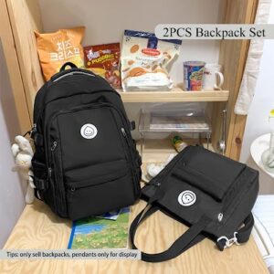 YJMKOI Black Backpacks for Girls and Boys,Classical Travel Backpack Set for Teens Boys Girls, 2PCS Aesthetic Bookbag