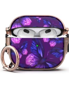guarzfun for airpod 3 case with lock, airpods 3rd case for women men, flower hard case with keychain (purple butterfly)