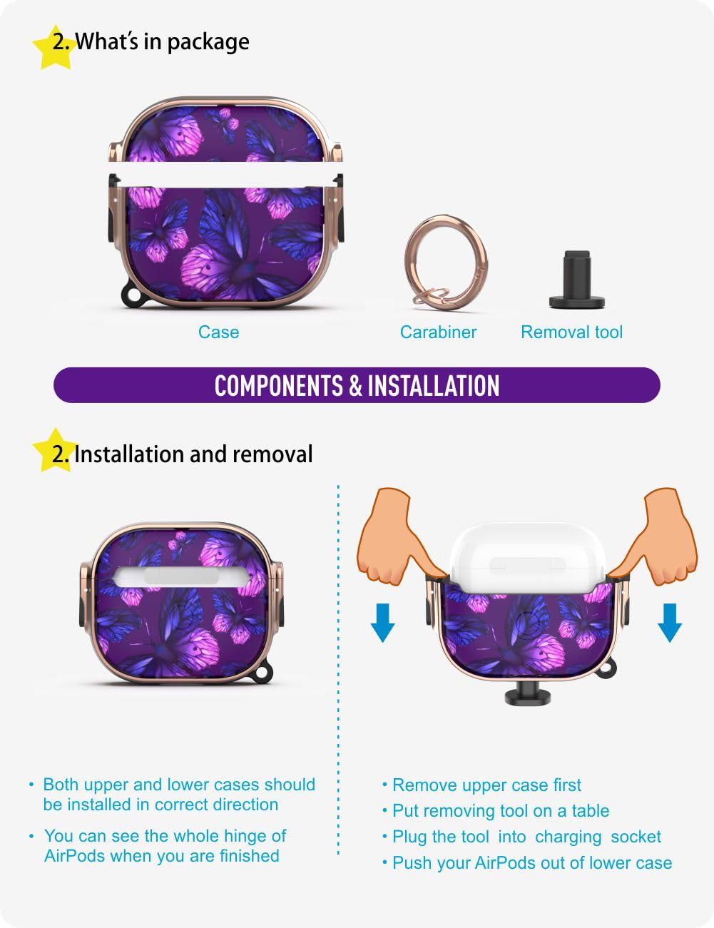 GuarzFun for AirPod 3 case with Lock, AirPods 3rd case for Women Men, Flower Hard case with Keychain (Purple Butterfly)