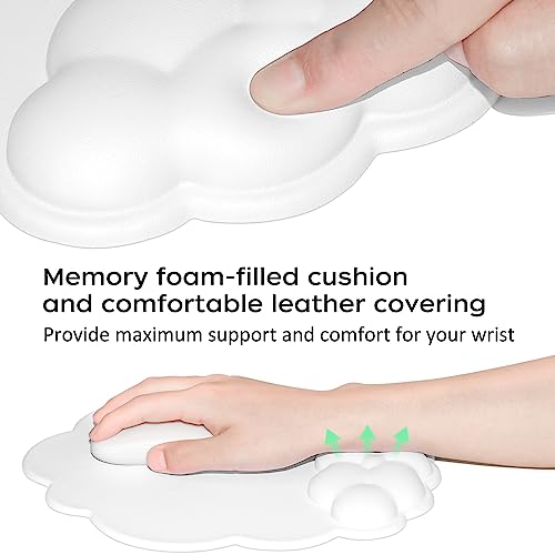 JIKIOU Mouse Pad Wrist Support with Leather Surface,Cloud Wrist Rest Mousepad with Memory Foam,Non-Slip PU Base Mouse Pad for Home Office Laptop Mac Easy Pain Relief (Cloud White)