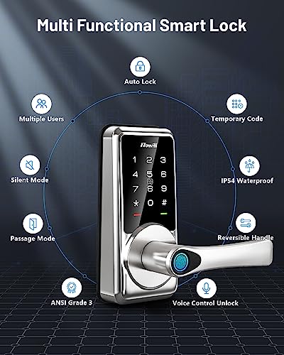 Smart Door Lock for Front Door, Zowill 7-in-1 Fingerprint Deadbolt with App Control, Keyless Entry Door Lock with Handle, Biometric, Auto Lock, Easy Installation, for Home, Office and Airbnb