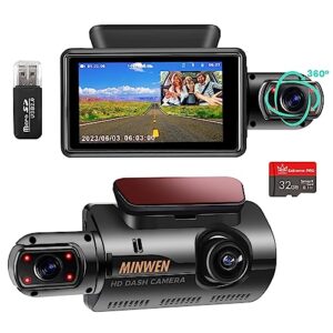 dash cam, dash camera front and inside, 1080p full hd dashboard camera, 3'' car monitor with 32g sd card, passenger and baby hd car dash camera, night vision, g-sensor, essential vehicle accessories