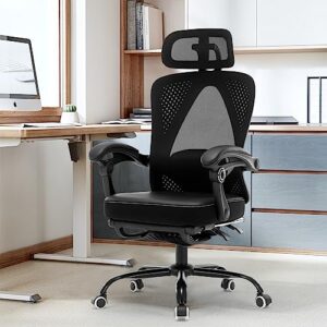 Ergonomic Office Chair, Reclining High Back Mesh Chair with Lumbar Support PU Leather Home Task Desk Chair with Headrest and Footrest Computer Executive Desk Chair with Padded Armrests,Black